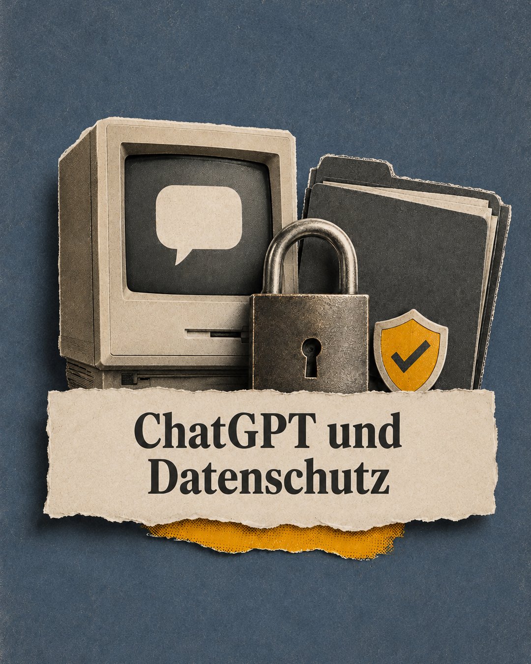 Instagram-Grafik zu ChatGPT und Datenschutz: alter Computer, Vorhängeschloss und Schutzschild