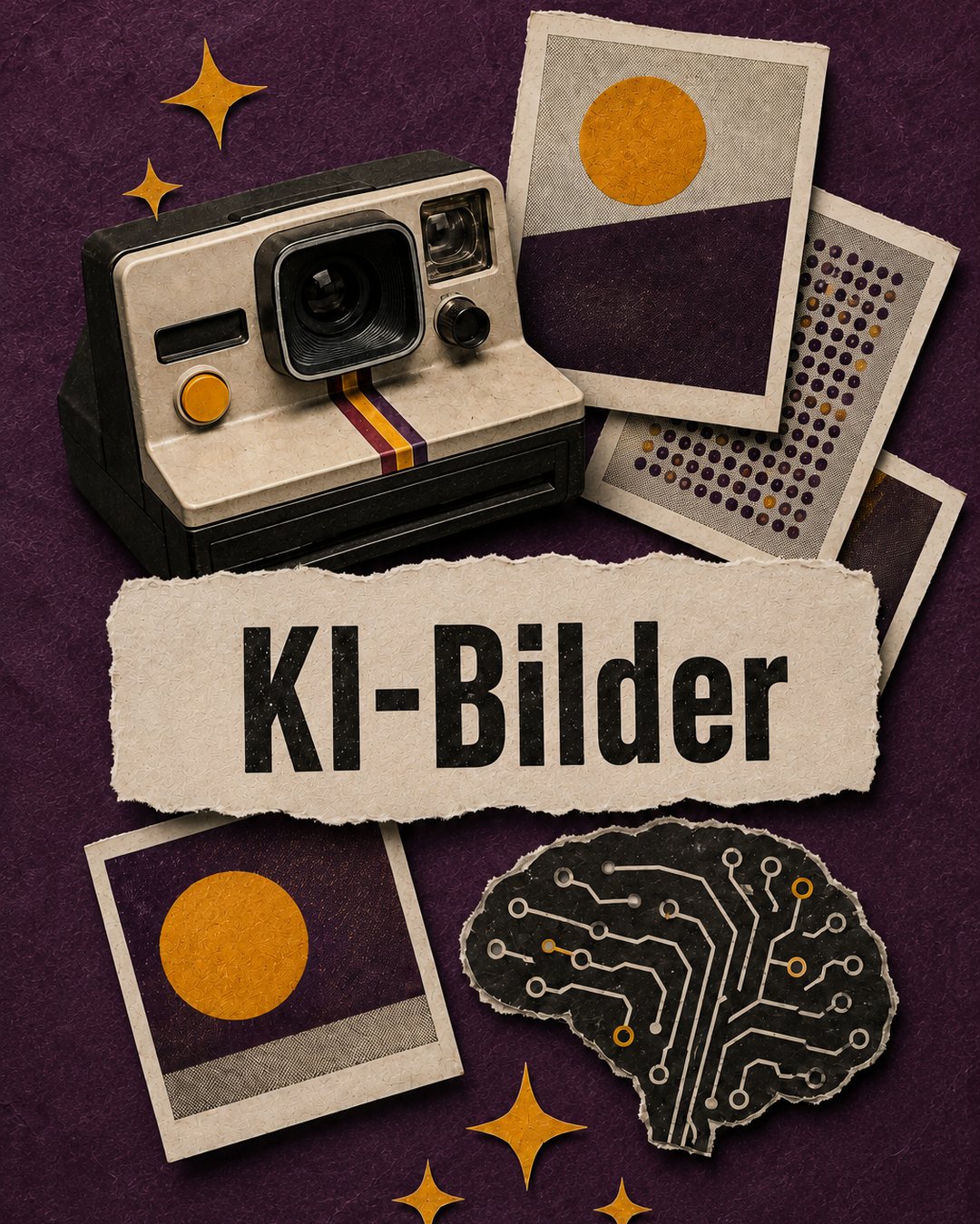 Instagram-Grafik zu KI-Bildern: Sofortbildkamera, Fotoabzüge und ein Gehirn aus Leiterbahnen