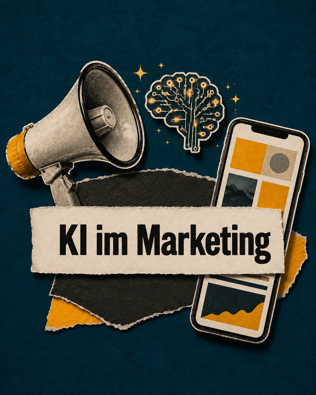 Instagram-Grafik zum Thema KI im Marketing: Megafon, stilisiertes Gehirn und ein Smartphone