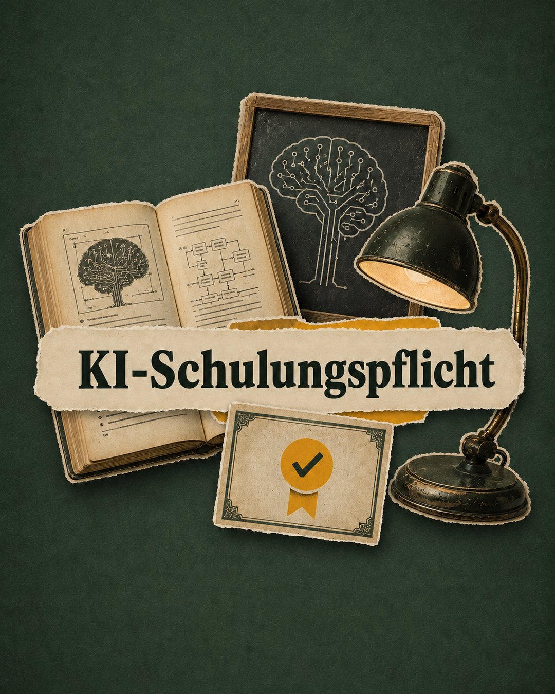 Instagram-Grafik zur KI-Schulungspflicht: Buch, Tafel mit Gehirnzeichnung, Lampe und Zertifikat