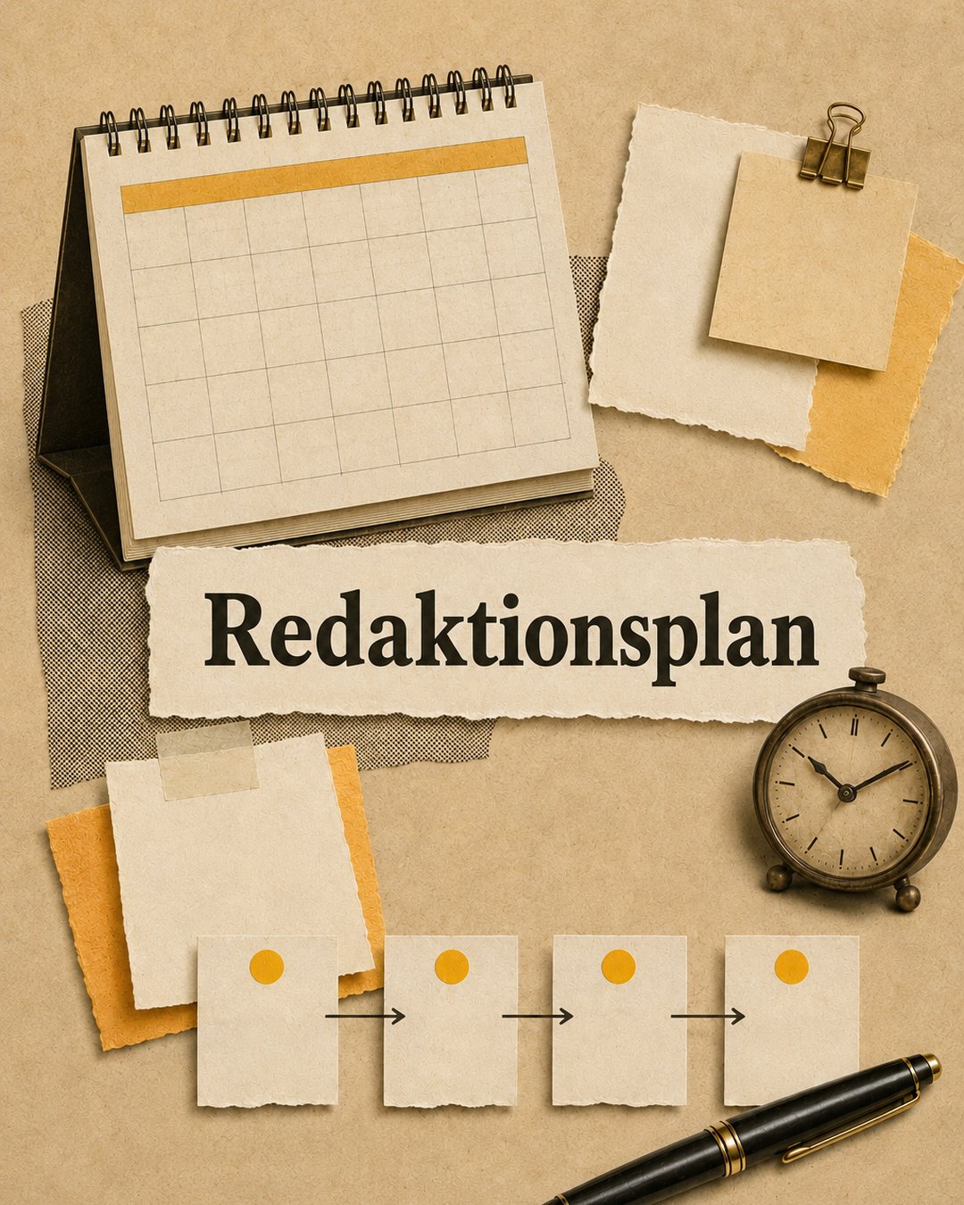 Instagram-Grafik zum Redaktionsplan: Tischkalender, Haftnotizen und Füllfederhalter